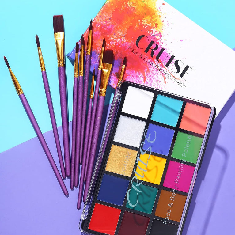 UCANBE Vibrant 15-Color Professional Body and Face Painting Kit with High-Precision 10-Piece Brush Set (Classic Edition)