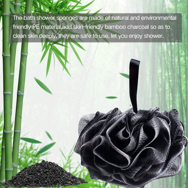 Umitive Charcoal Infused Shower Sponge Bath Poufs, 4-Piece Set of Black Mesh Loofah Body Exfoliating Brushes for Gentle and Effective Skin Cleansing