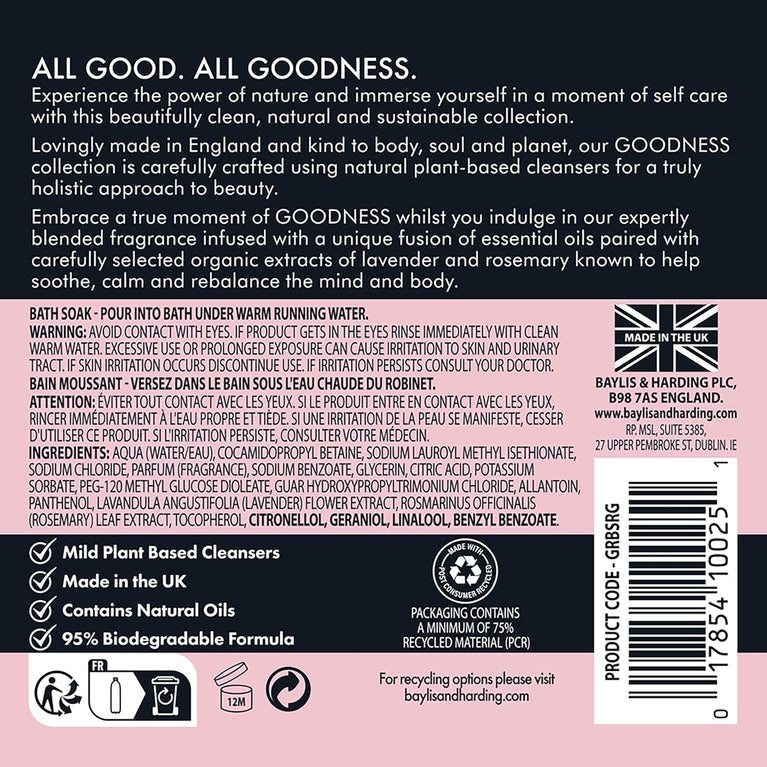 Baylis & Harding Goodness Rose & Geranium Natural Bath Soak, 500 ml (Pack of 3) - Vegan Friendly