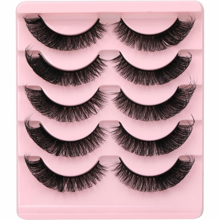 Newcally Plant Fiber Strip Lashes - Russian Style, Natural Wispy & Fluffy 3D False Eyelashes, Thick D-Curl Faux Mink Lashes, Cat Eye Effect, Pack of 5 Pairs