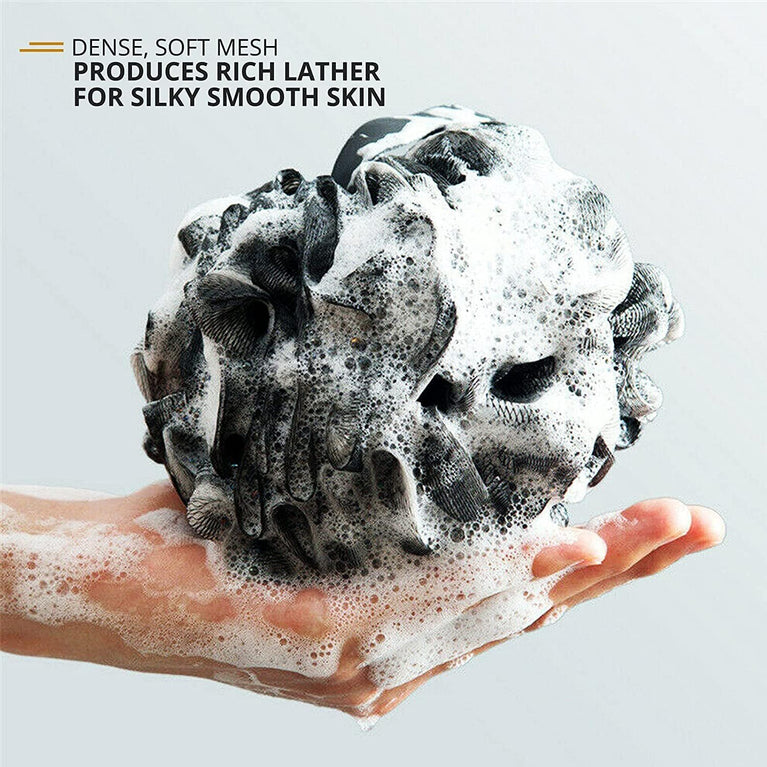 Exfoliating Loofah Shower Puff 3Pcs - Premium Bamboo Charcoal Bath Sponges for Skin Cleansing and Scrubbing - Black