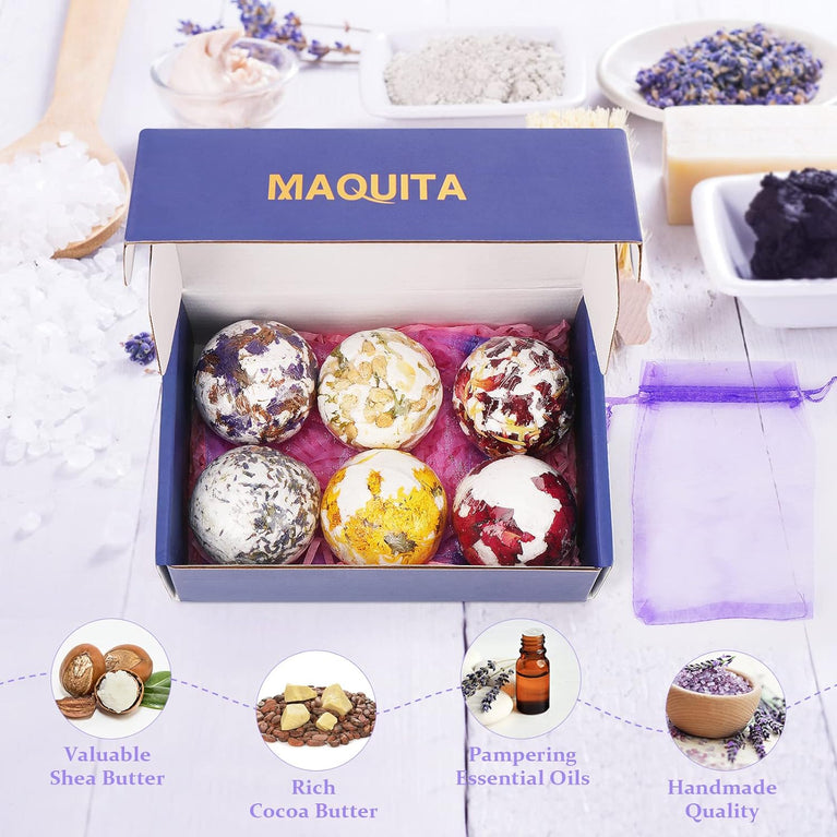 MAQUITA 6-Piece Aromatherapy Bath Bomb Set for Ultimate Relaxation and Luxury Spa Experience