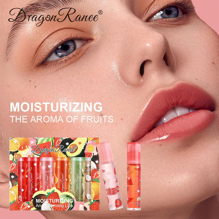 Mrettick 6-Piece Hydrating Lip Oil Set with Natural Ingredients and Roll-On Design - Moisturizing Lip Care Gift Box
