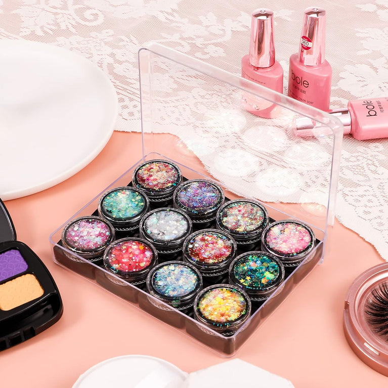 Dacitiery Holographic Festival Cosmetics: 12-Color Face and Body Glitter Gel Set for Hair, Cheeks, Nails - Sparkling Sequins Makeup Collection