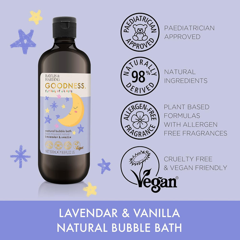 Baylis & Harding Goodness Kids Lavender & Vanilla Natural Bubble Bath, 500 ml (Pack of 3) - Vegan Friendly