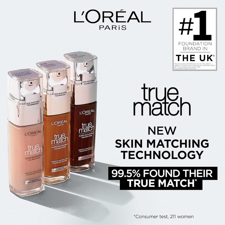 L'Oreal Paris True Match Hydrating Foundation with SPF 17 and Hyaluronic Acid - 1N Ivory, 30ml