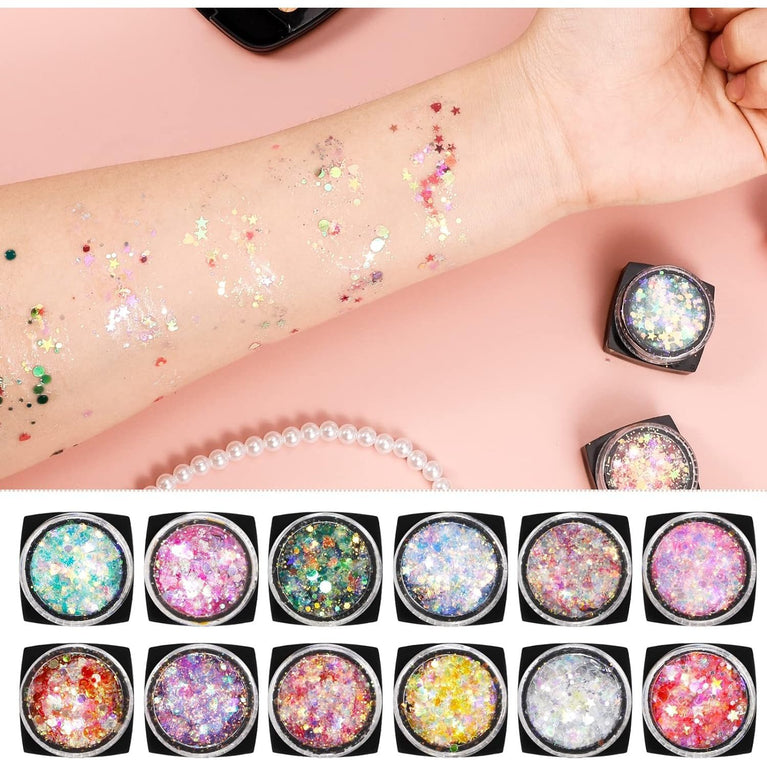 Dacitiery Holographic Festival Cosmetics: 12-Color Face and Body Glitter Gel Set for Hair, Cheeks, Nails - Sparkling Sequins Makeup Collection