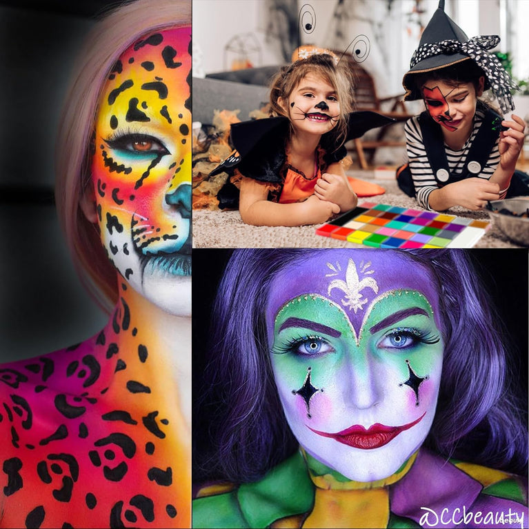 CCbeauty 36-Color Professional Face Paint Kit with Brushes: Oil-Based Halloween Neon Body Paint, Featuring Classic, Metallic and Glow-in-the-Dark Shades, Ideal for SFX and Cosplay