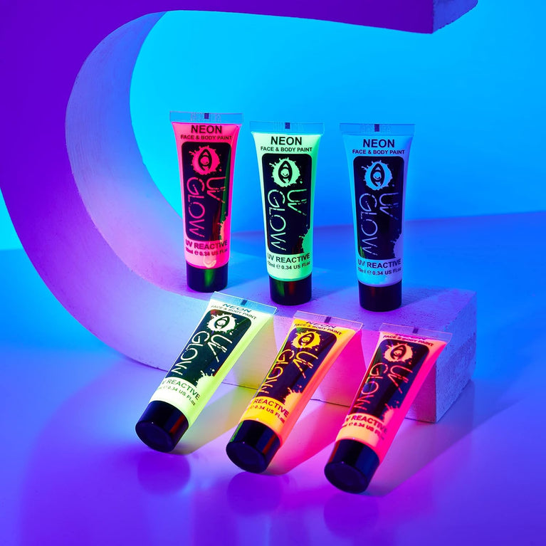 6-Pack Ultra-Bright UV Reactive Neon Face and Body Paint Set - Perfect for Parties, Festivals, and Glow Runs!