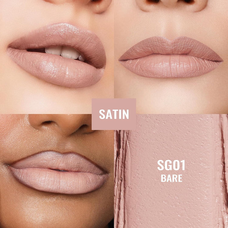 Oulac High Coverage Crème Lipstick - Hydrating Shea Butter Infused, Satin Finish, Vegan and Gluten-Free, Nude Lip Colour SG01 Bare for Women