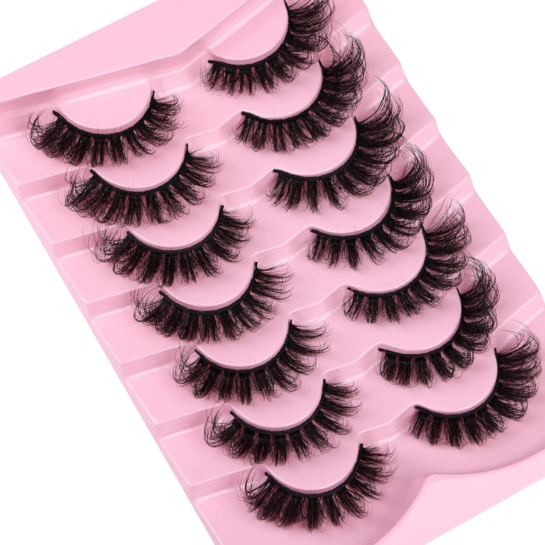 JIMIRE 20MM Long Dramatic D Curl Faux Mink Eyelashes - 7 Pair Pack of Full Volume, Wispy, Fluffy False Lashes with Cat Eye Effect, Resembles High-End Salon Extensions