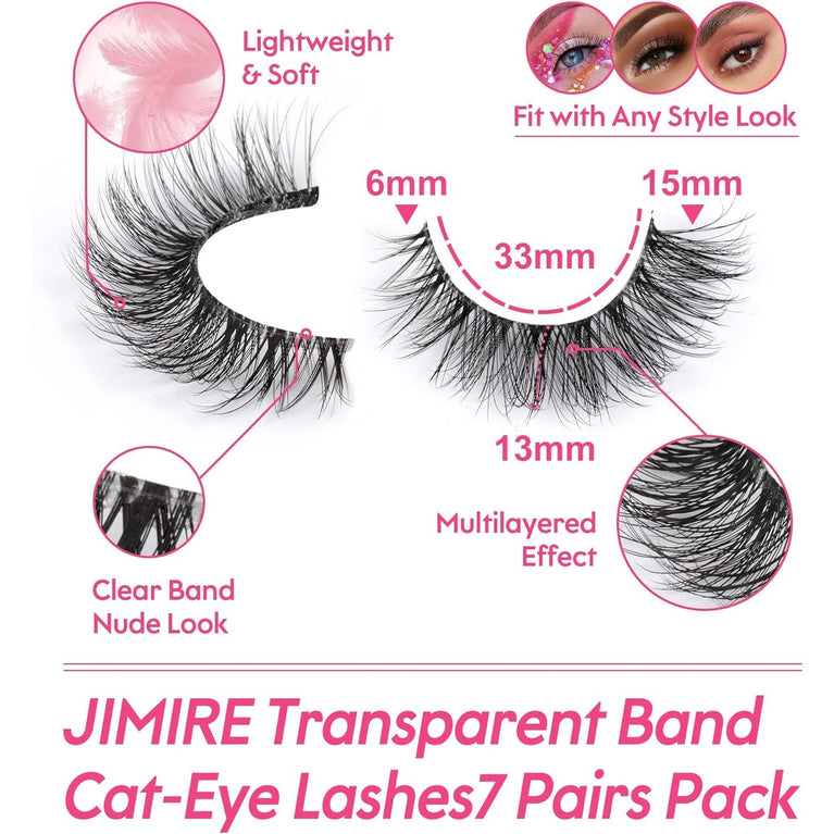 JIMIRE 3D Faux Mink Eyelashes with Transparent Band - Cat Eye Style, 15MM Medium Length, D Curl, 7 Pairs Pack - Natural Look & Fluffy Lashes for High-End Makeup Look