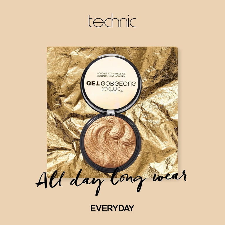 24CT Gold Radiance Boost: Technic's Get Gorgeous All-Day Wear Highlighting Powder - Versatile Shimmer Face Makeup Compact