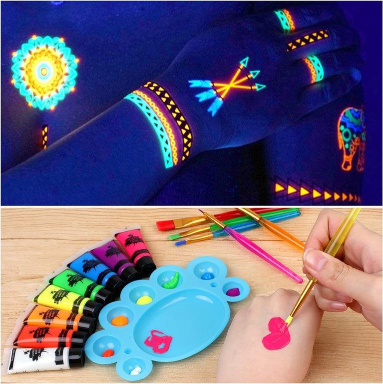 Neon UV Blacklight Reactive Body and Face Paint Set with Brushes and Palette - Non-Toxic and Easy to Clean - 8 Brilliant Fluorescent Colors (10ml each)