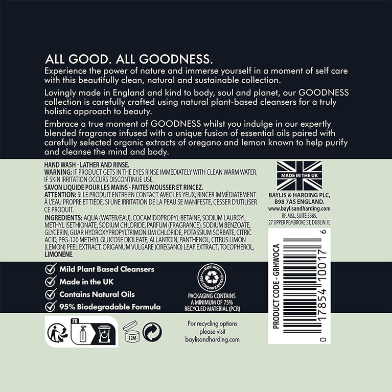 Luxurious Baylis & Harding Goodness Oud, Cedar & Amber Natural Hand Wash, 500 ml (Pack of 3) - Vegan Friendly