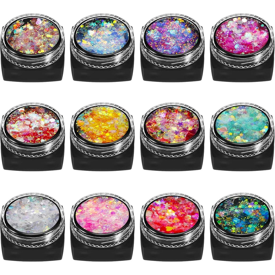 Dacitiery Holographic Festival Cosmetics: 12-Color Face and Body Glitter Gel Set for Hair, Cheeks, Nails - Sparkling Sequins Makeup Collection