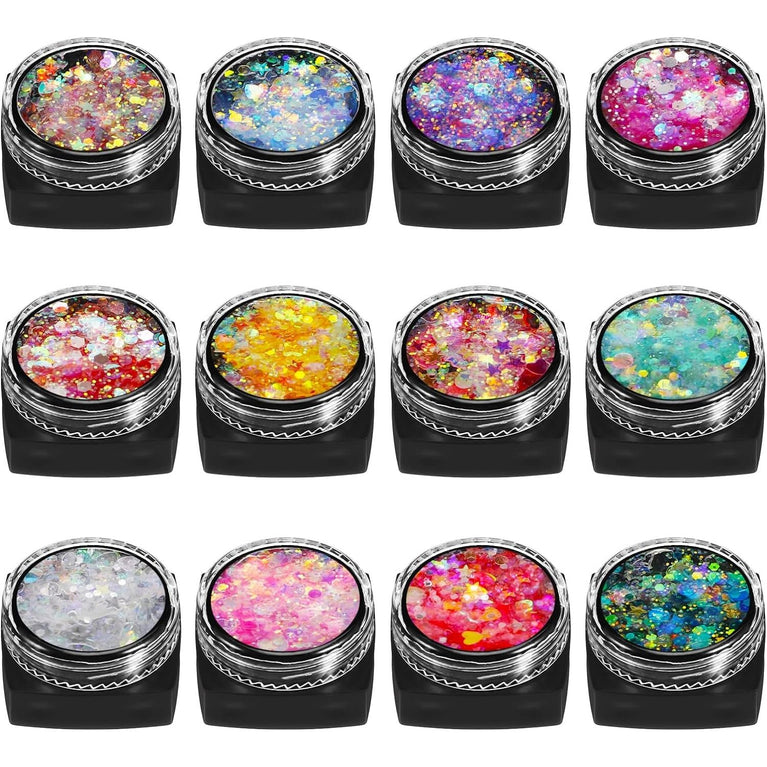 Dacitiery Holographic Festival Cosmetics: 12-Color Face and Body Glitter Gel Set for Hair, Cheeks, Nails - Sparkling Sequins Makeup Collection