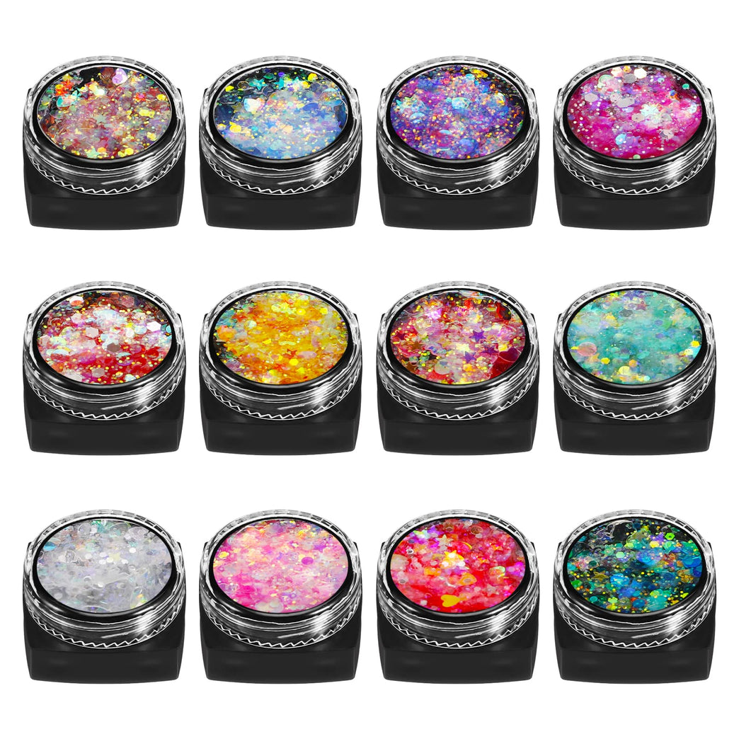 Dacitiery Holographic Festival Cosmetics: 12-Color Face and Body Glitter Gel Set for Hair, Cheeks, Nails - Sparkling Sequins Makeup Collection