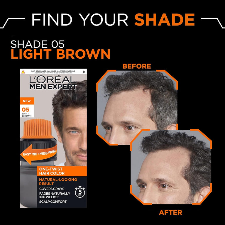 L'Oreal Paris Men Expert One Twist Hair Colour, Light Brown Shade - Fast Grey Coverage Hair Dye for Men