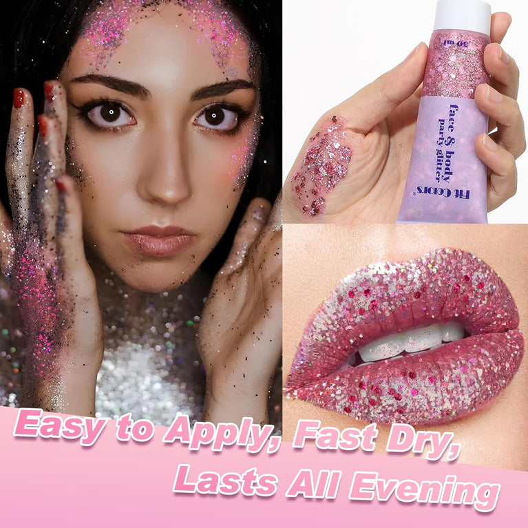 Holographic Pink Body Glitter Gel - Safe and Kid-Friendly Sparkling Lotion for Face, Hair, and Nails - Perfect for Parties, Cosplay, and DIY Art Projects - 50ml