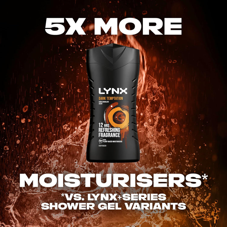 Lynx Dark Temptation Shower Gel - 12 Hour Irresistible Scent - 6 Pack of 225 ml Bottles