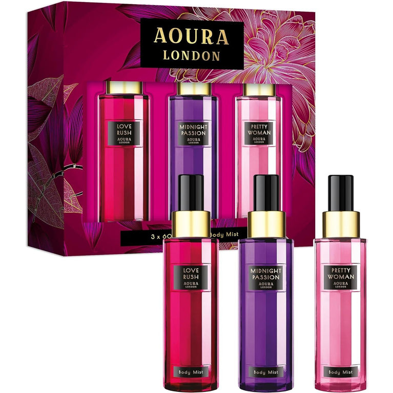 AOURA LONDON Trio Womens Body Mist Gift Set with Fragrance Sprays in Midnight Passion, Love Rush, & Pretty Woman - 3x60ml