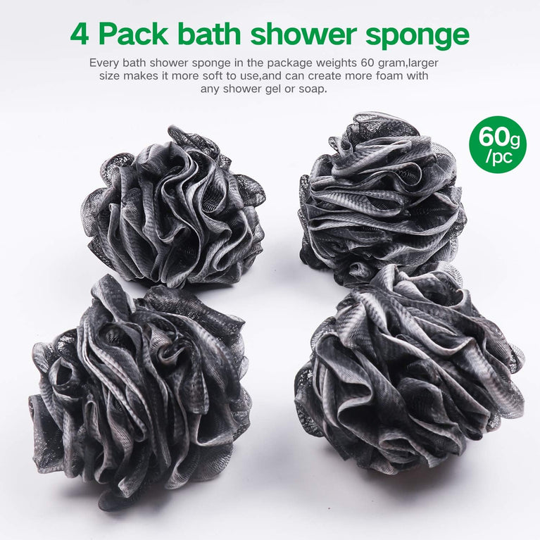 Umitive Charcoal Infused Shower Sponge Bath Poufs, 4-Piece Set of Black Mesh Loofah Body Exfoliating Brushes for Gentle and Effective Skin Cleansing