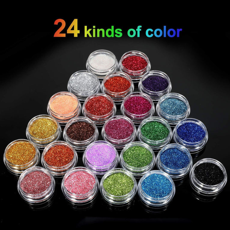 Shimmering Temporary Tattoo and Nail Art Kit - 24 Vibrant Glitter Shades with 135 Unique Stencils - Perfect Party Gift for Kids, Teens and Adults
