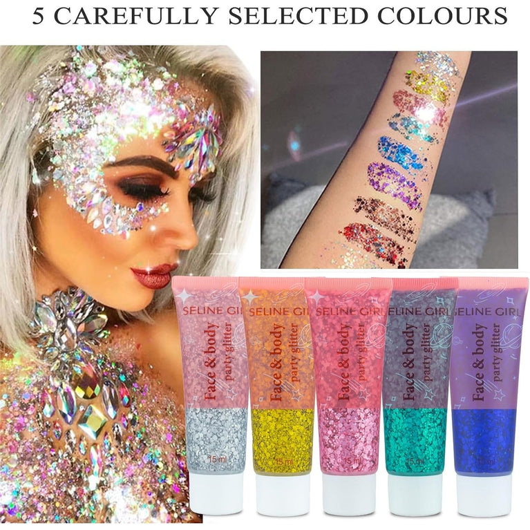 Veroa 5-Pack Multicolor Chunky Glitter Gel Set, 75ml Holographic Mermaid Sequins for Body, Hair, Face, Eye & Lip, All-Day Vegan Festival Makeup with Easy Application and Removal, Cruelty-Free