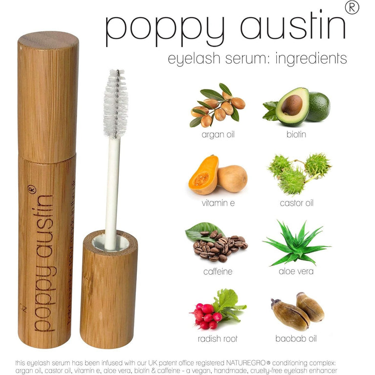 Poppy Austin Vegan Eyelash and Brow Growth Serum - Infused with Biotin, Argan and Castor Oil, Caffeine, Vitamin E, Aloe Vera - Sustainable, Cruelty-Free Lash Enhancer