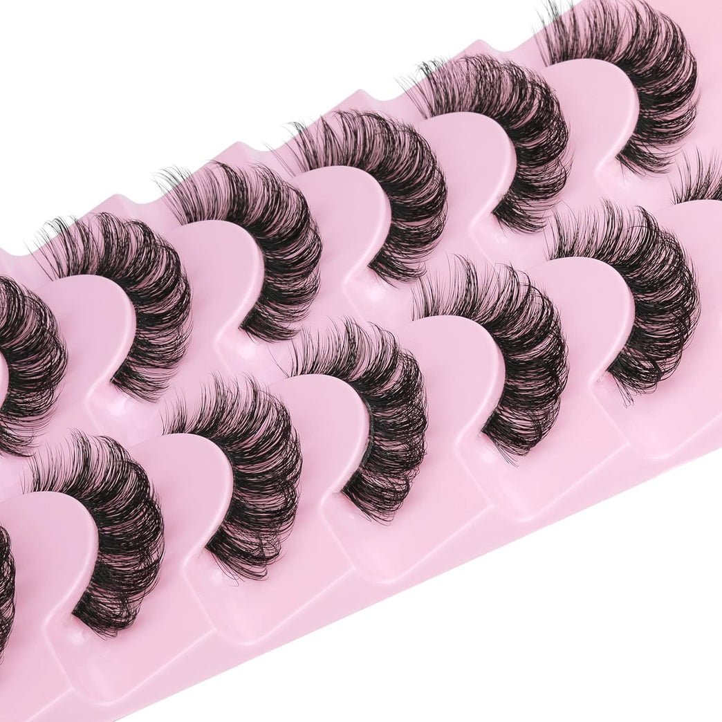 Goddvenus 16mm Natural-look Eyelash Pack, 3D Curly Cat Eye Lashes Strips, 7 Pairs of Reusable Fluffy D Curl Short Volume Lashes with Clear Band – Resembles Extensions