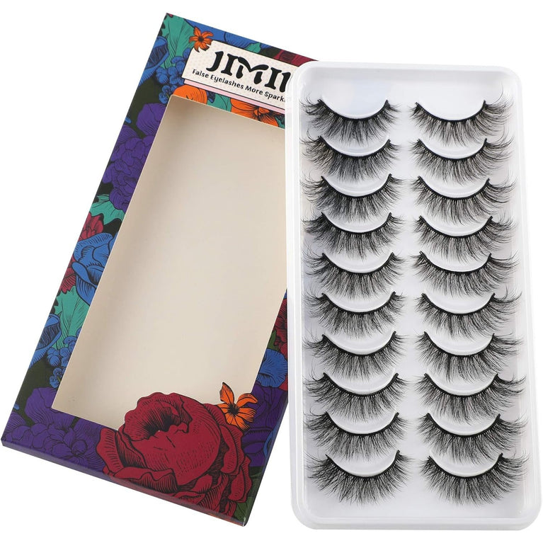 JIMIRE 10 Pairs of Cat Eye-Style Fake Eyelashes - Natural Looking, Lightweight, and Handmade False Lashes - 14mm Pack with Flexible Bands