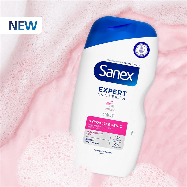 Sanex Expert Skin Health Hypoallergenic Shower Gel - for Very Sensitive Skin 450ml, 12 Hour Hydration