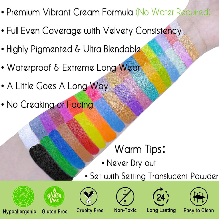CCbeauty 36-Color Professional Face Paint Kit with Brushes: Oil-Based Halloween Neon Body Paint, Featuring Classic, Metallic and Glow-in-the-Dark Shades, Ideal for SFX and Cosplay