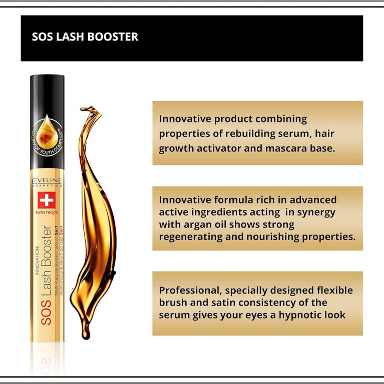 Eveline Cosmetics 5-in-1 Lash Booster Serum with Argan Oil and Professional Brush (10 ml)