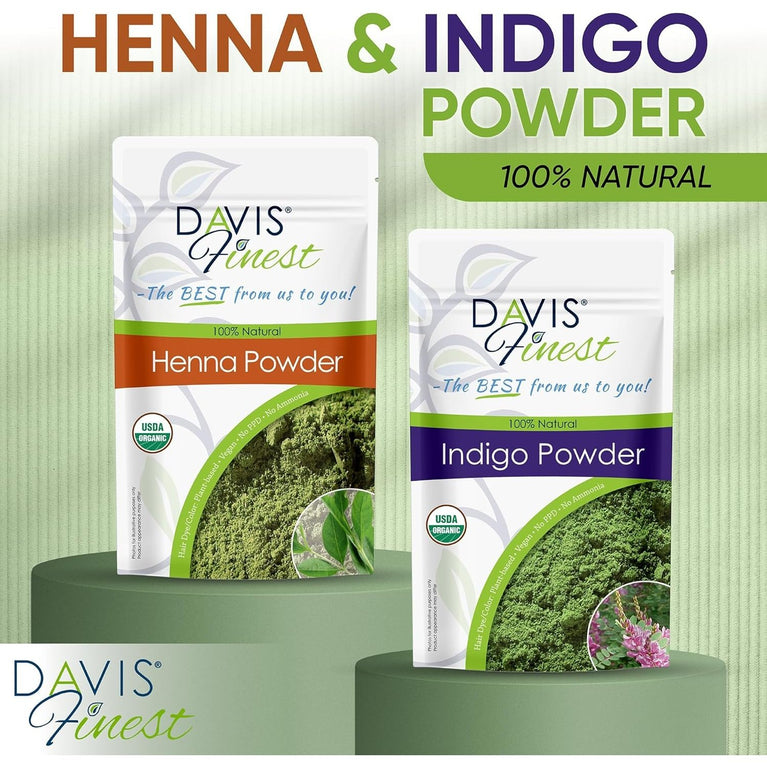 Davis Finest Organic Henna & Indigo 200g - 100g Pure Organic Henna +100g Organic Indigo Powder, Natural Hair Colour/Beard Dye PPD-Free