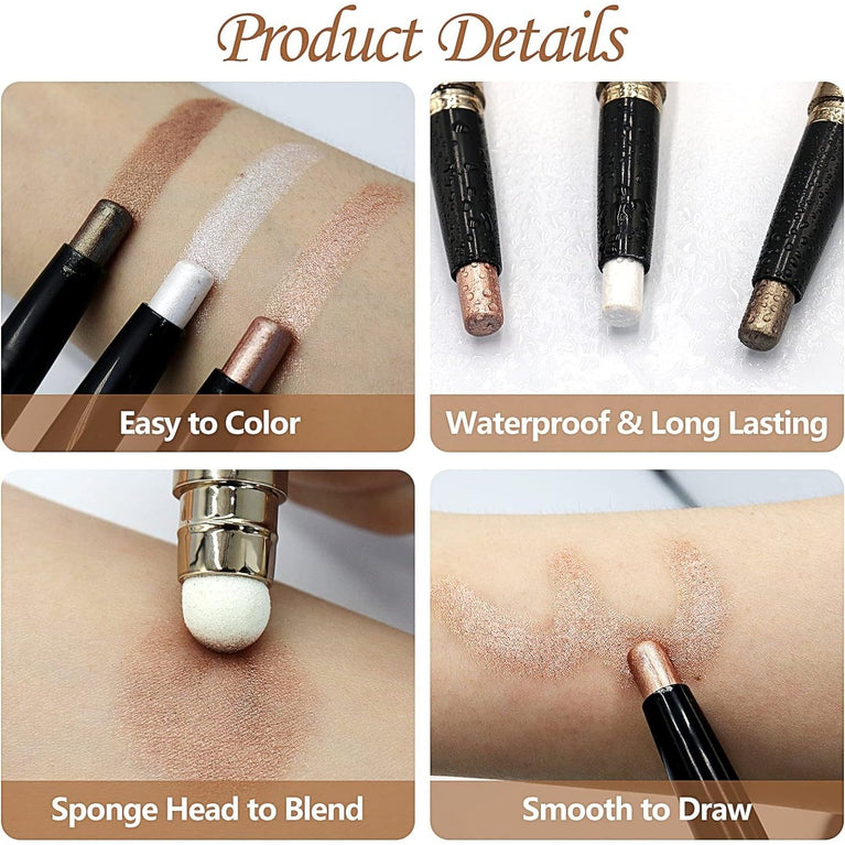 Long-Lasting Rotational Eyeshadow Stick Set: 3-Piece Shimmer & Metallic Cream Crayon, Waterproof, Crease-Resistant, Neutral Shades for All Skin Types, Easy to Apply