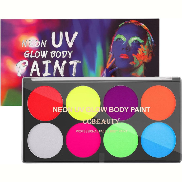 CCbeauty Professional UV Neon Body and Face Paint Set - 8 Vibrant Colors with 10 Brushes, Non-Toxic, Easy to Remove, Glows in the Dark under Black Light, Ideal for Halloween and Festivals