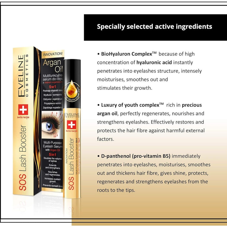 Eveline Cosmetics 5-in-1 Lash Booster Serum with Argan Oil and Professional Brush (10 ml)