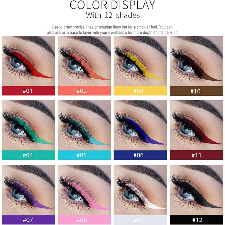 Anglicolor Rainbow Matte Eyeliner Set, 12 Vibrant Colors, Waterproof, Smudge-Proof, Long Lasting, Intensely Pigmented Eyeliner Pens for Special Occasions and Daily Wear