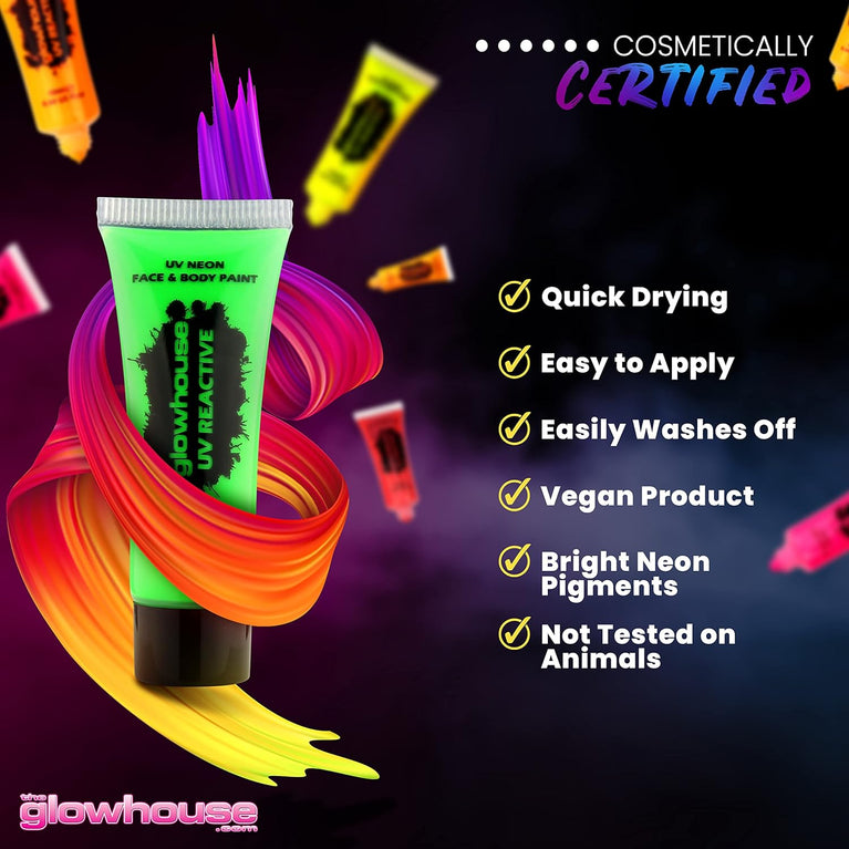 Ultra Bright UV Reactive Neon Face and Body Paint Set by The Glowhouse (6 Pack) - Perfect for Festivals and Glow Parties