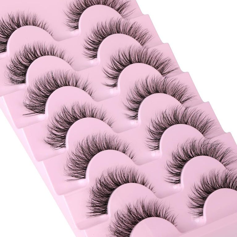 JIMIRE 3D Faux Mink Eyelashes with Transparent Band - Cat Eye Style, 15MM Medium Length, D Curl, 7 Pairs Pack - Natural Look & Fluffy Lashes for High-End Makeup Look