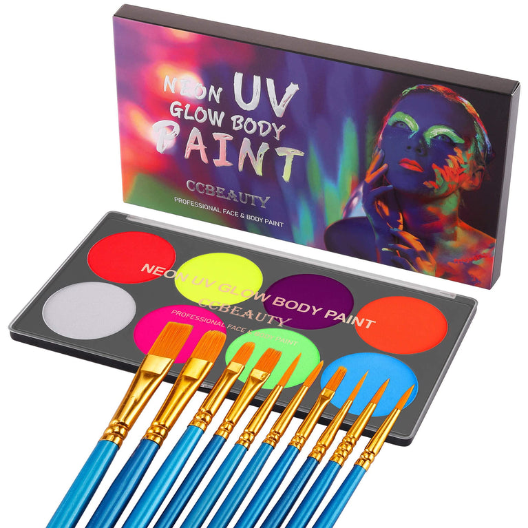 CCbeauty Professional UV Neon Body and Face Paint Set - 8 Vibrant Colors with 10 Brushes, Non-Toxic, Easy to Remove, Glows in the Dark under Black Light, Ideal for Halloween and Festivals