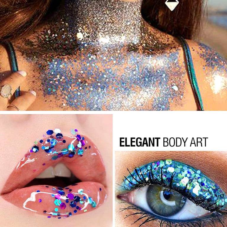 FANDAMEI 32-Color Holographic Chunky Glitter Set for Body, Face, Hair, Nails and Crafts - Non-toxic and Harmless Sparkle Decoration for Festivals, Parties, and DIY Resin Projects