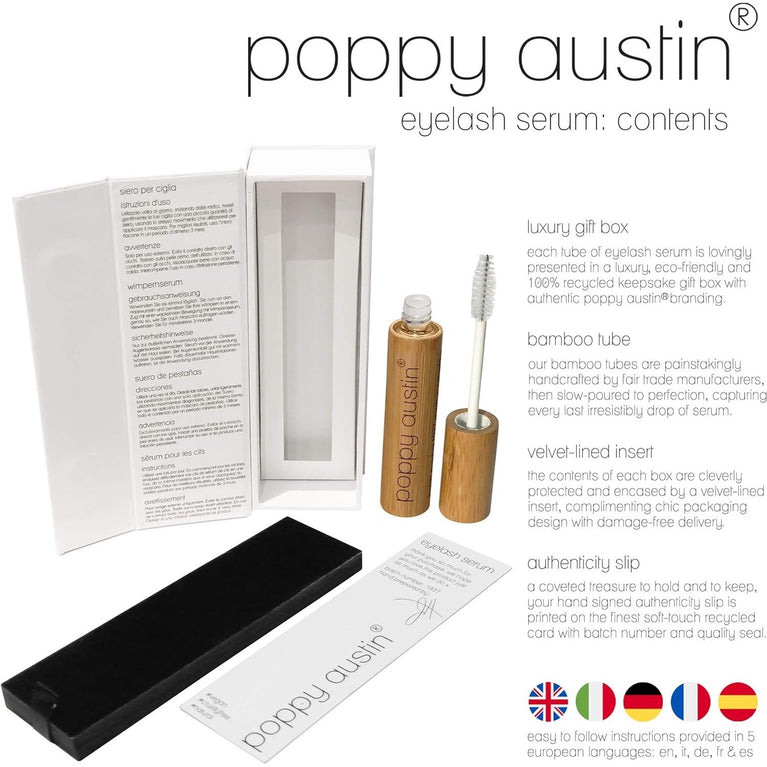 Poppy Austin Vegan Eyelash and Brow Growth Serum - Infused with Biotin, Argan and Castor Oil, Caffeine, Vitamin E, Aloe Vera - Sustainable, Cruelty-Free Lash Enhancer