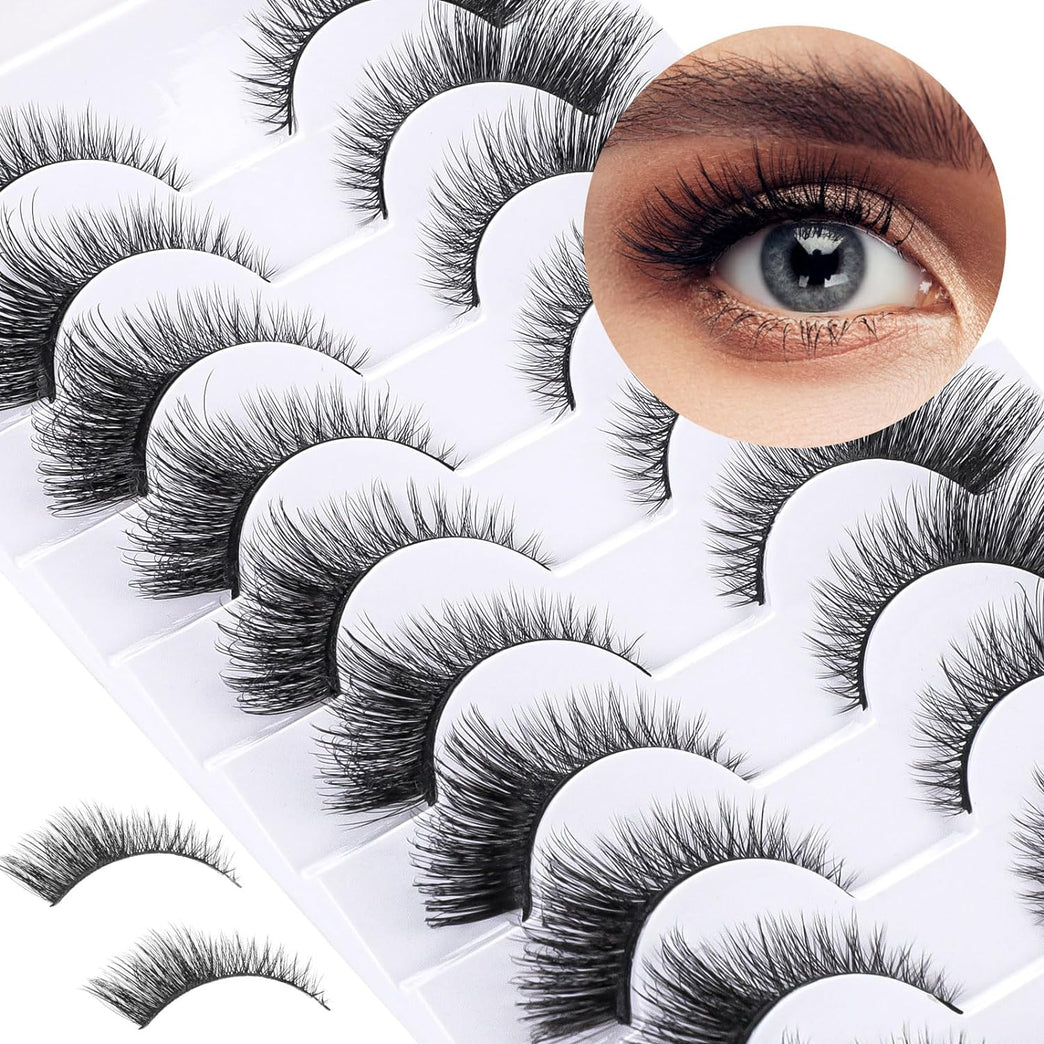 Fairy Cat Eye 3D False Eyelashes, 10 Pair Pack, Natural Lightweight Fluffy Strip Lashes, Waterproof Reusable 18mm Mink-like Lashes for Women and Girls
