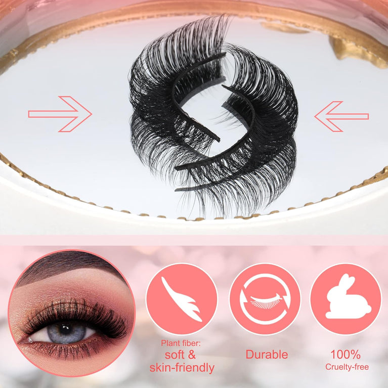 Newcally Plant Fiber Strip Lashes - Russian Style, Natural Wispy & Fluffy 3D False Eyelashes, Thick D-Curl Faux Mink Lashes, Cat Eye Effect, Pack of 5 Pairs