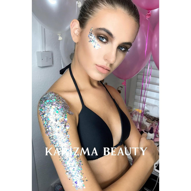 KARIZMA Starry Eyed Holographic Silver Festival Glitter Makeup- Chunky Cosmetic Glitter for Face, Hair, Eyes and Body- 10g Loose Glitter Set for Raves, Music Videos and Parties
