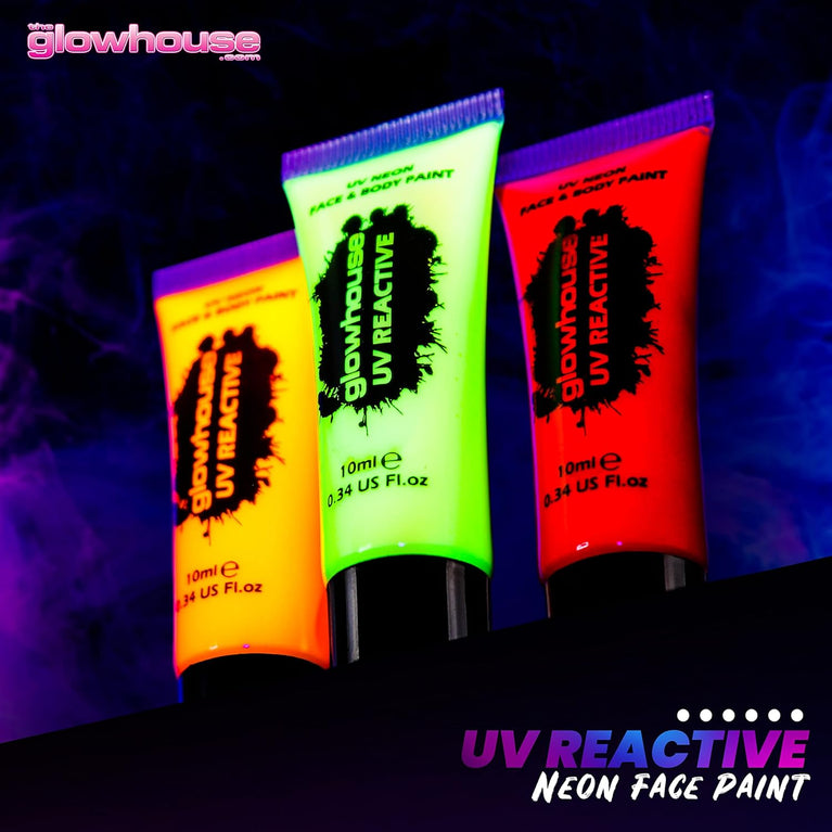 Ultra Bright UV Reactive Neon Face and Body Paint Set by The Glowhouse (6 Pack) - Perfect for Festivals and Glow Parties