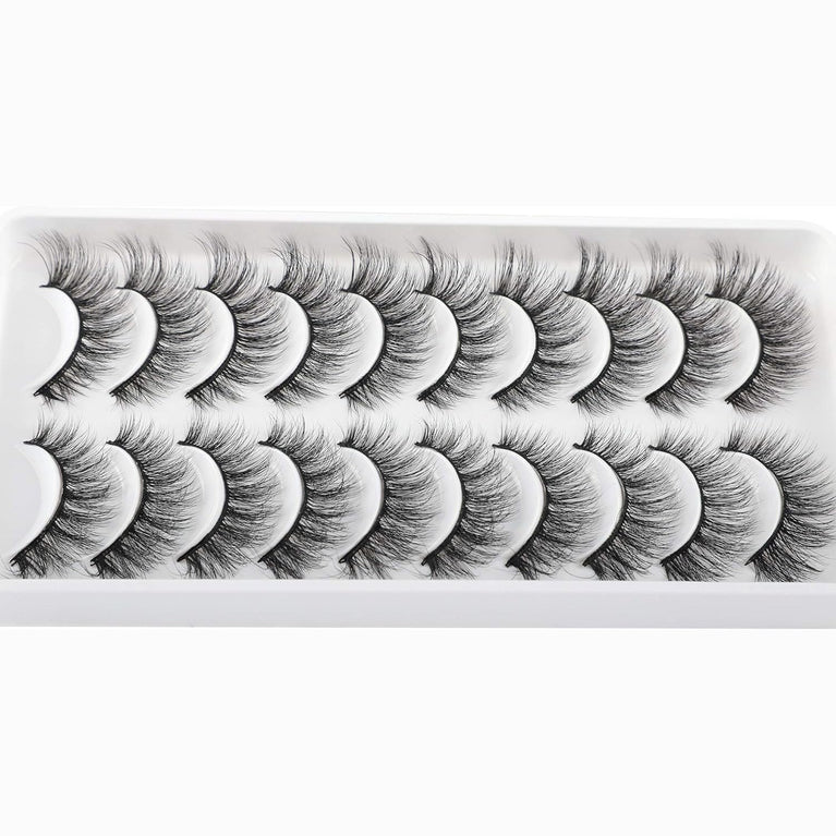 JIMIRE 10 Pairs of Cat Eye-Style Fake Eyelashes - Natural Looking, Lightweight, and Handmade False Lashes - 14mm Pack with Flexible Bands